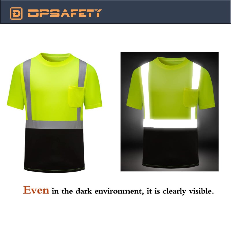 DPSAFETY قمصان DPSAFETY عالية الوضوح سريعة الجفاف، قمصان أمان مع شرائط عاكسة وجيب بأكمام قصيرة شبكية، قميص Hi Vis Construction Work Class 2 للرجال/النساء، أسود ليموني سفلي، متوسط - Image 5